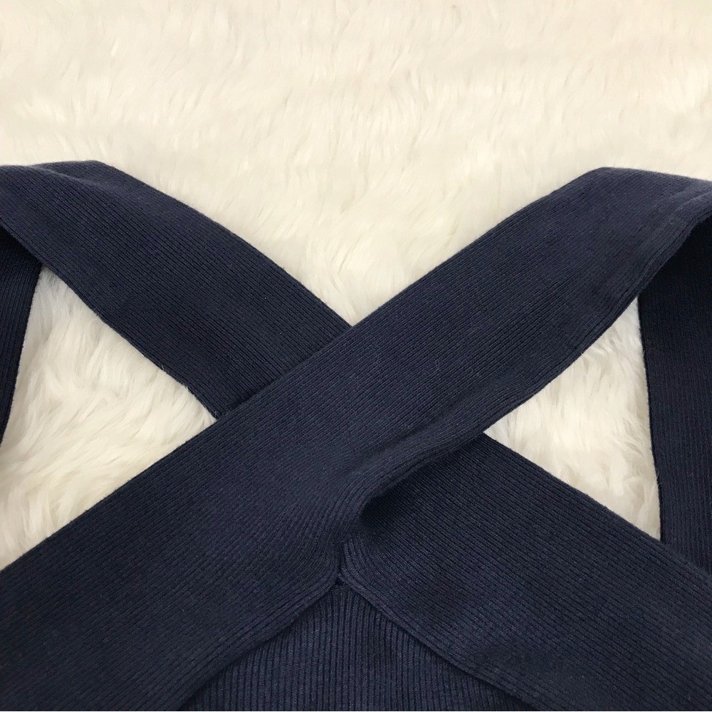 MICHAEL STARS Opaline Midi Dress Medium Navy Blue Bodycon Halter Ruched Ribbed - Picture 4 of 10